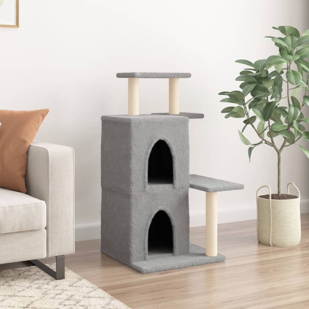 Cat house with sisal rope scratching posts, light grey, 97 cm