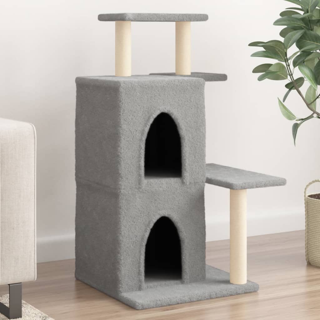 Cat house with sisal rope scratching posts, light grey, 97 cm