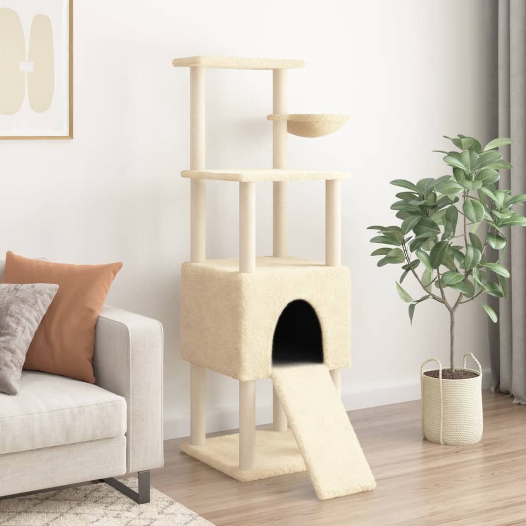 Cat house with sisal rope and scratching post, cream, 153 cm