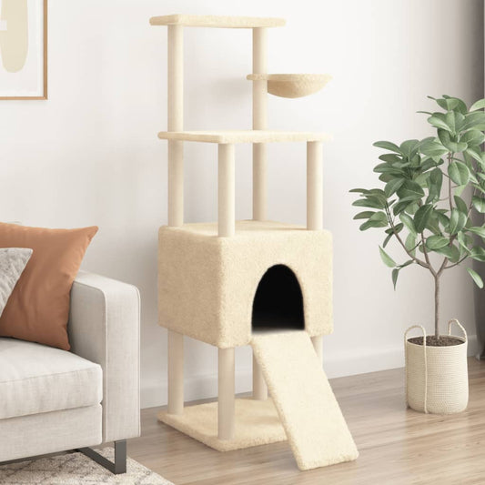 Cat house with sisal rope and scratching post, cream, 153 cm