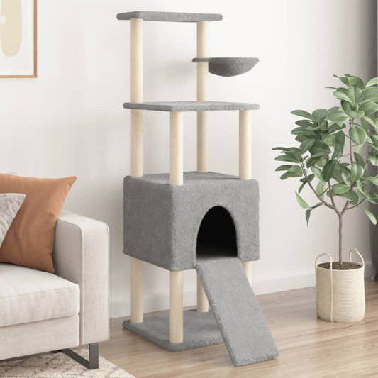 Cat house with sisal rope and scratching post, light grey, 153 cm