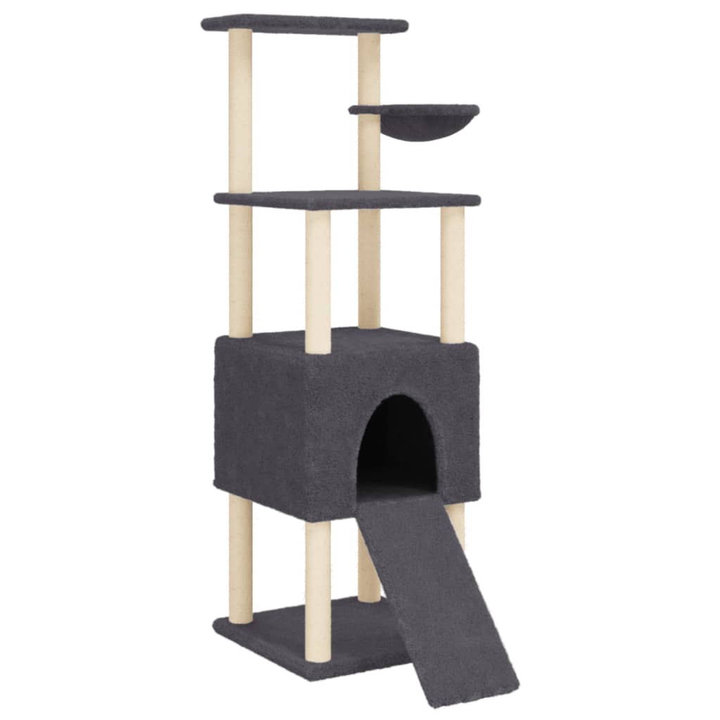 Cat house with sisal rope and scratching post, dark grey, 153 cm