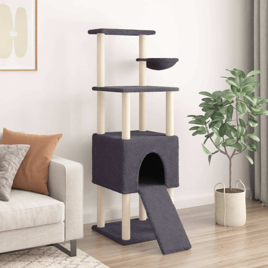 Cat house with sisal rope and scratching post, dark grey, 153 cm