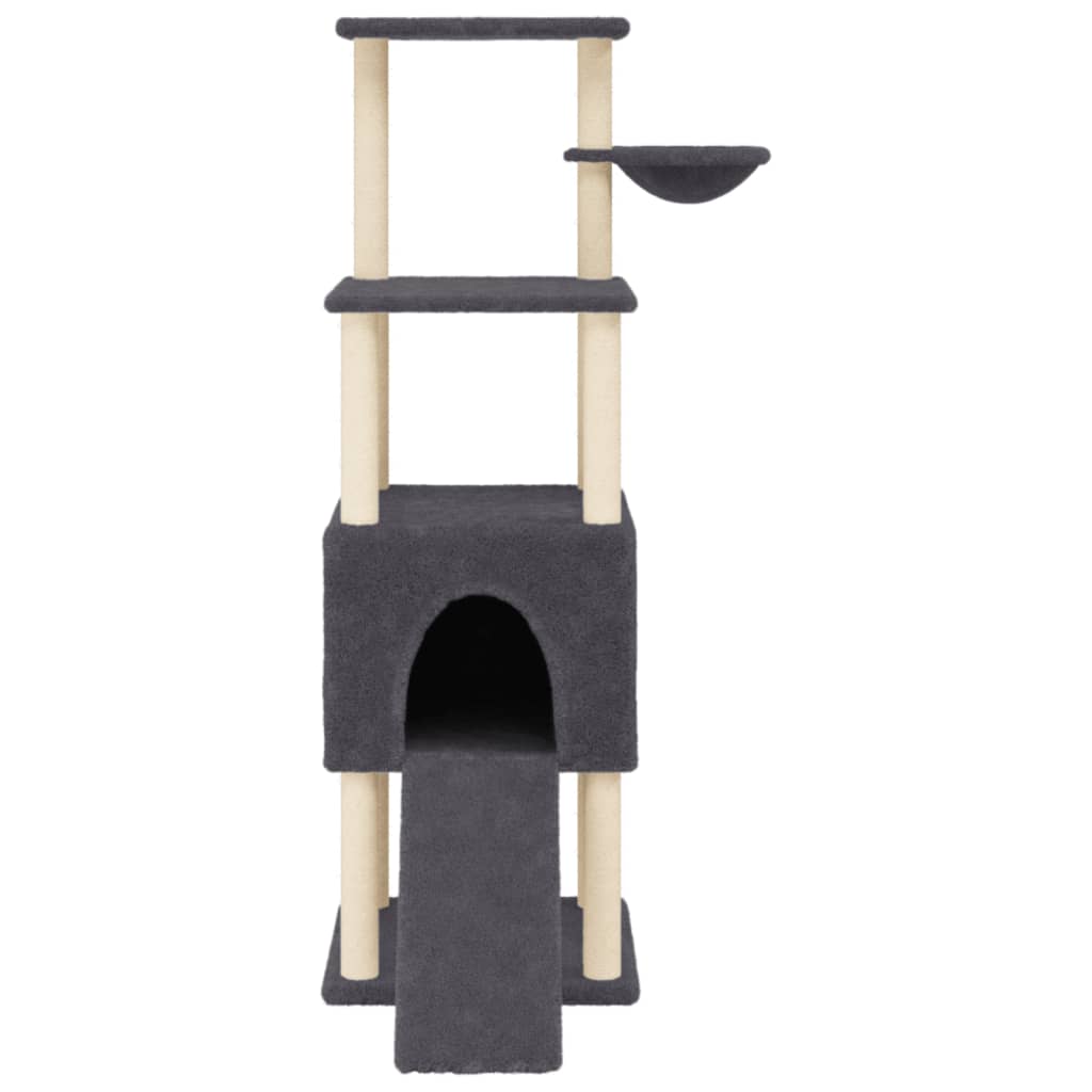 Cat house with sisal rope and scratching post, dark grey, 153 cm