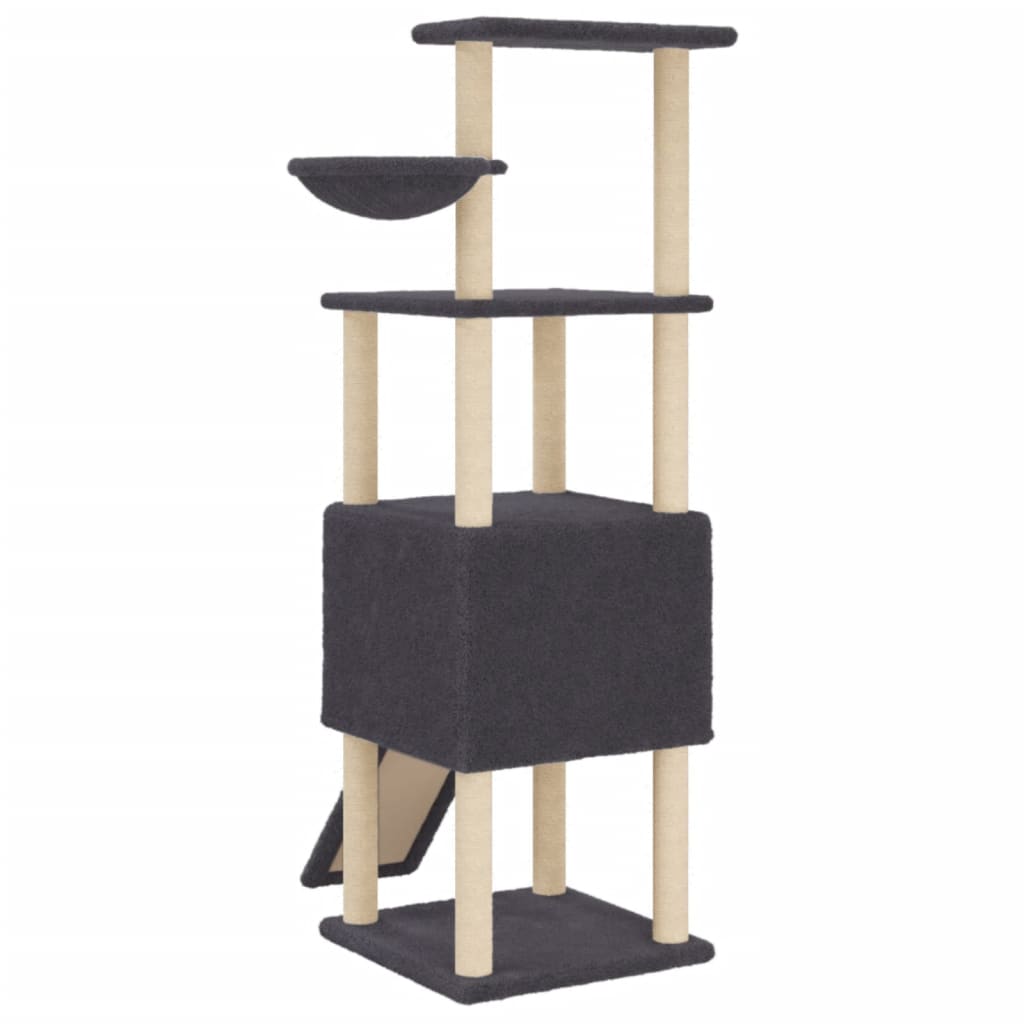 Cat house with sisal rope and scratching post, dark grey, 153 cm