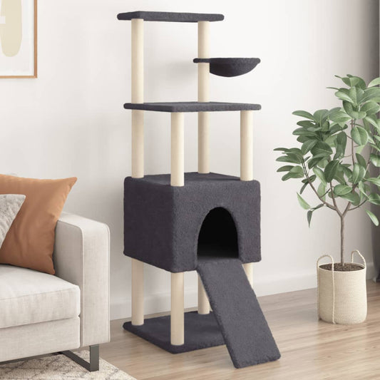 Cat house with sisal rope and scratching post, dark grey, 153 cm