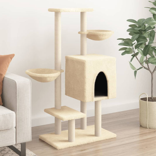 Cat house with sisal rope scratching posts, cream, 117 cm