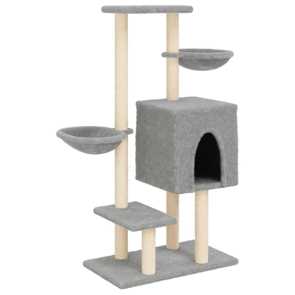 Cat house with sisal rope and scratching post, light grey, 117 cm