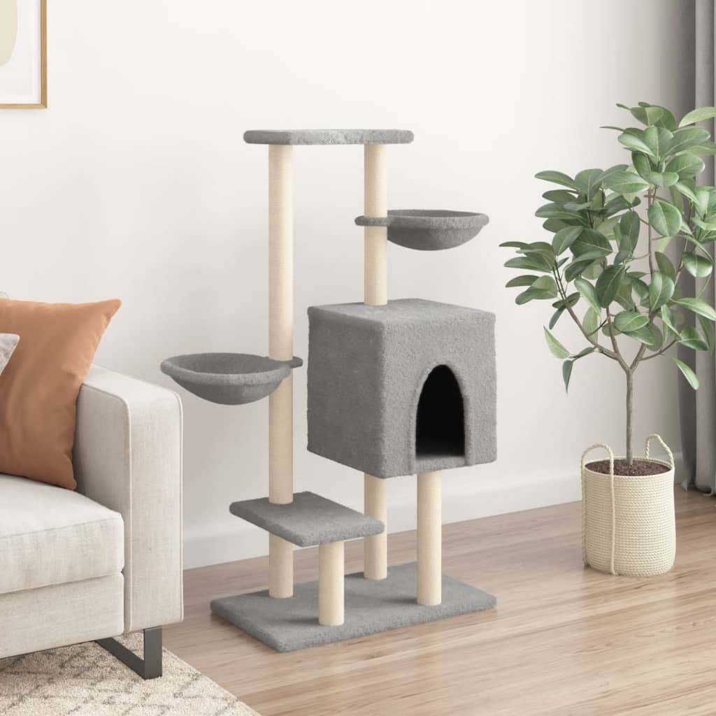 Cat house with sisal rope and scratching post, light grey, 117 cm