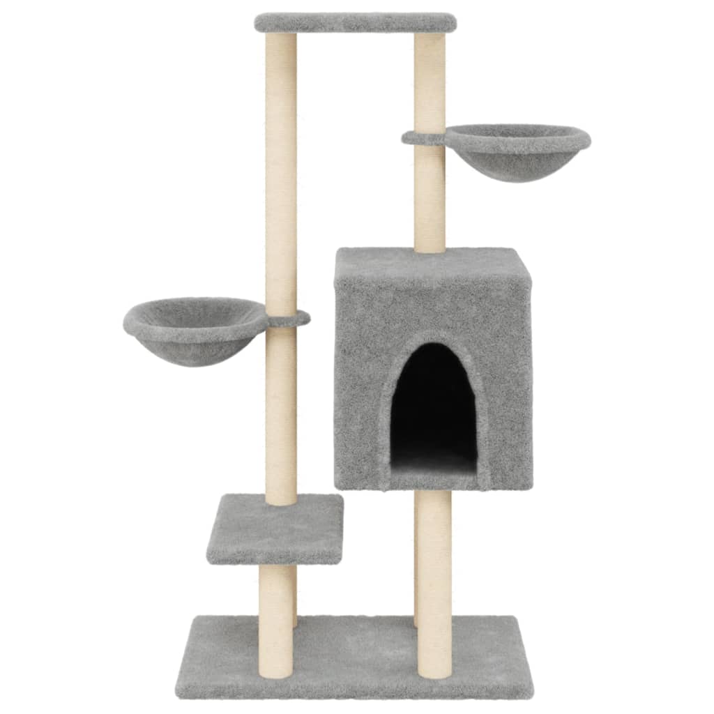 Cat house with sisal rope and scratching post, light grey, 117 cm