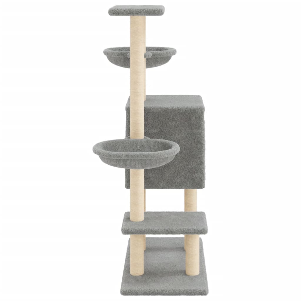 Cat house with sisal rope and scratching post, light grey, 117 cm