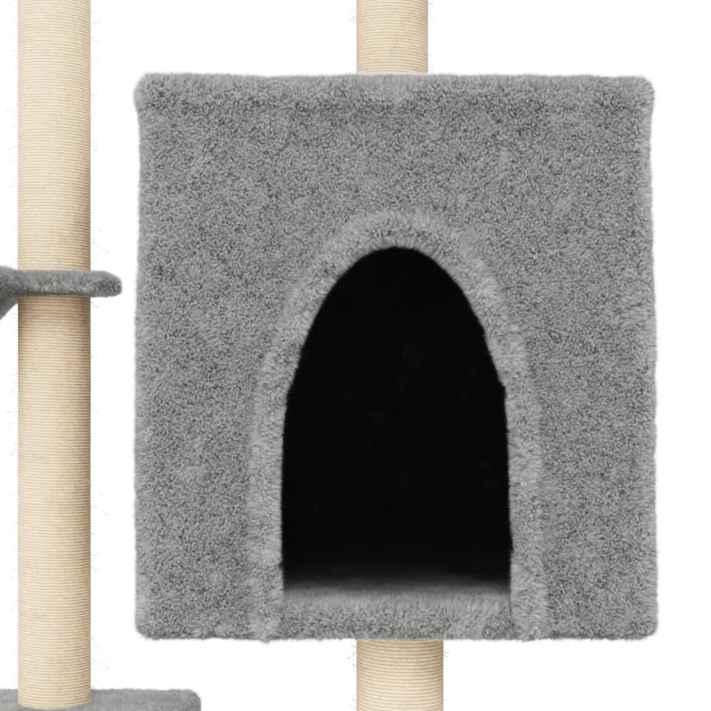 Cat house with sisal rope and scratching post, light grey, 117 cm