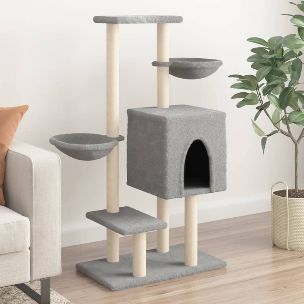 Cat house with sisal rope and scratching post, light grey, 117 cm