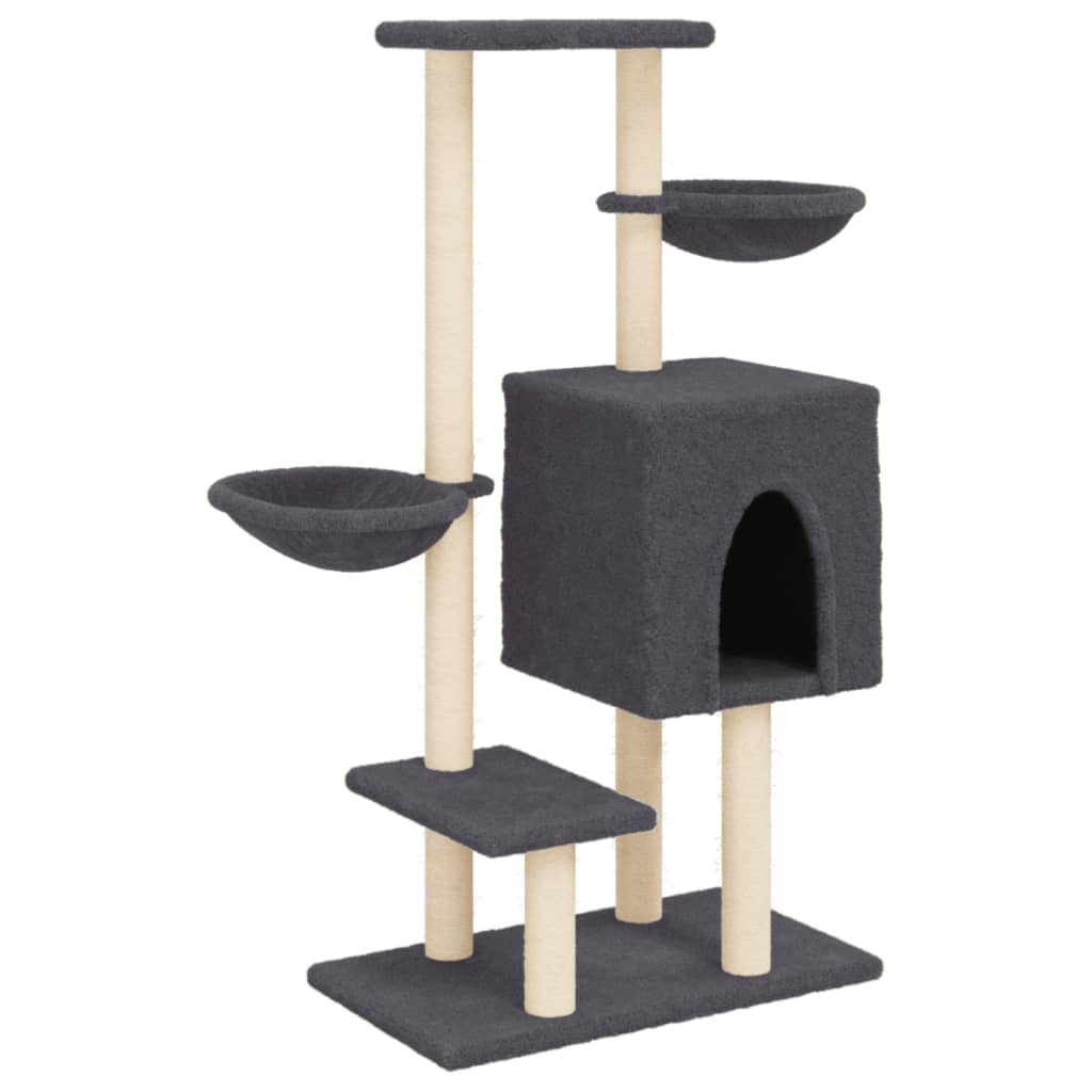 Cat house with sisal rope scratching posts, dark grey, 117 cm