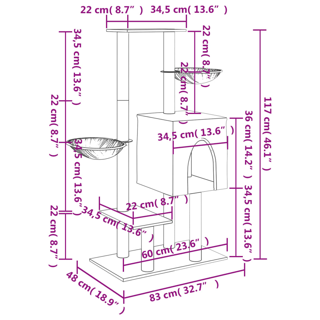 kassimaja sisalköitega kraapimispostidega, tumehall, 117 cm