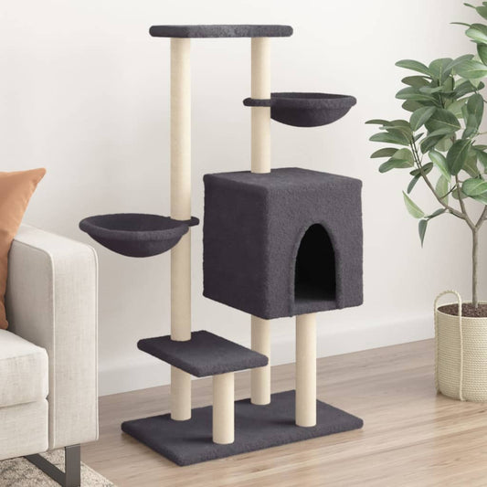 Cat house with sisal rope scratching posts, dark grey, 117 cm