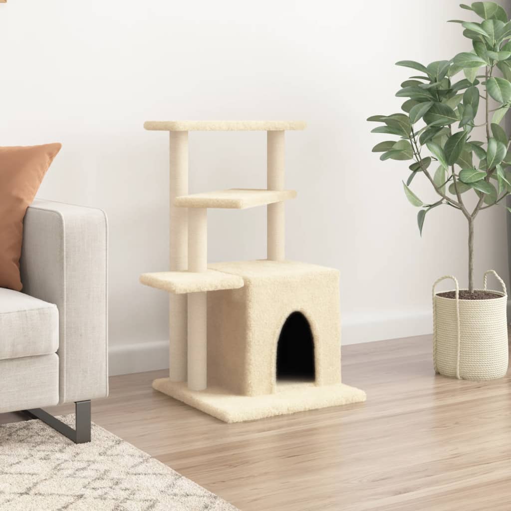 Cat house with sisal rope scratching posts, cream, 83.5 cm