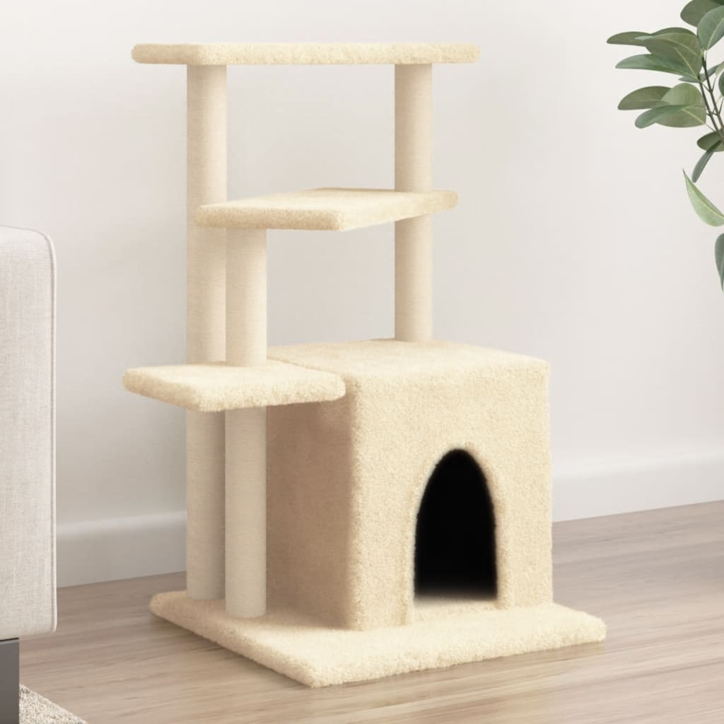 Cat house with sisal rope scratching posts, cream, 83.5 cm