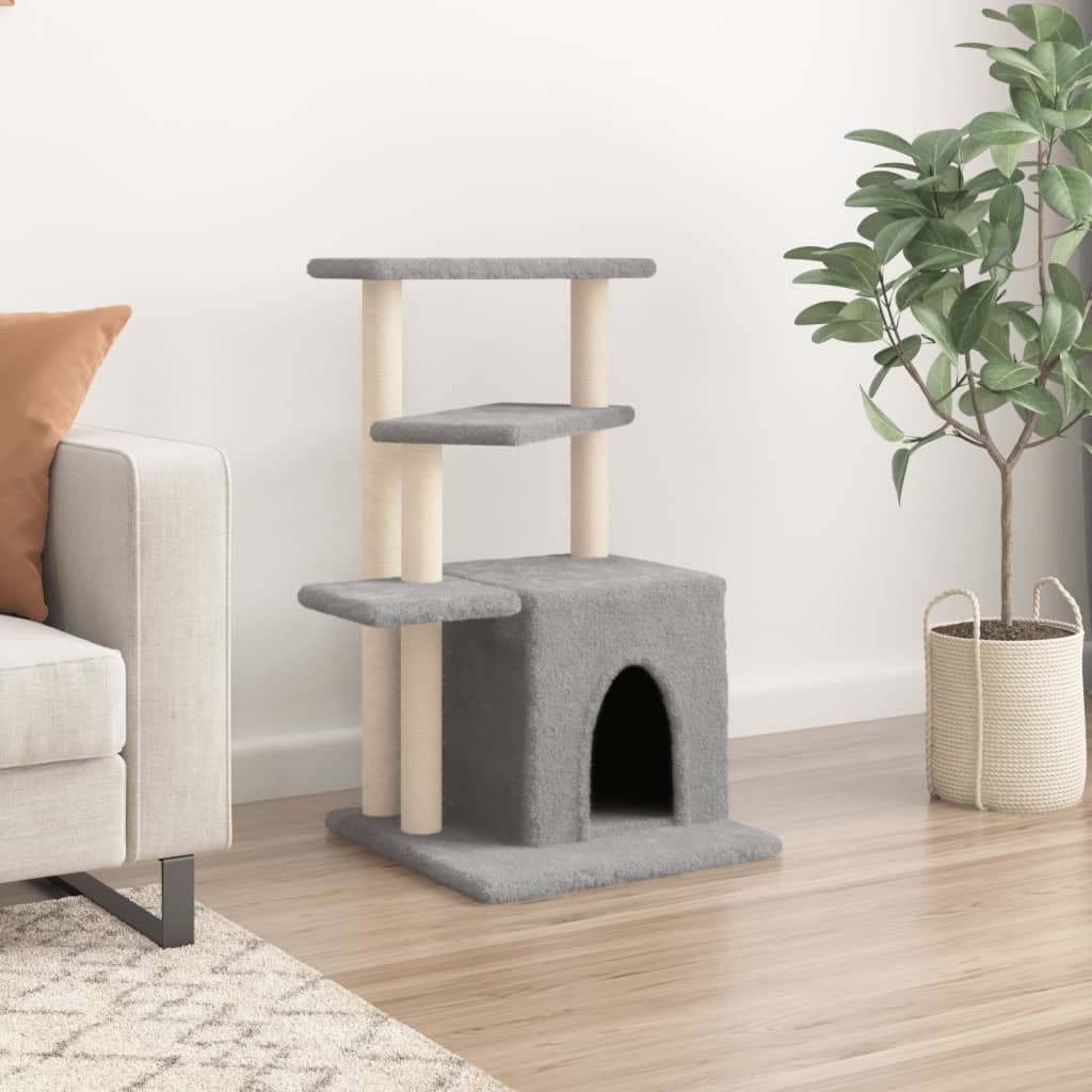 Cat house with sisal rope scratching posts, light grey, 83.5 cm