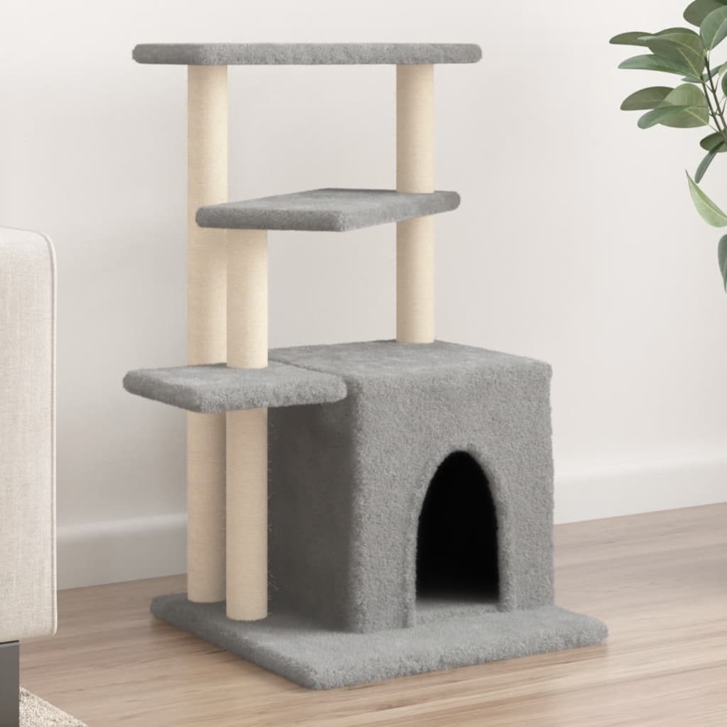 Cat house with sisal rope scratching posts, light grey, 83.5 cm