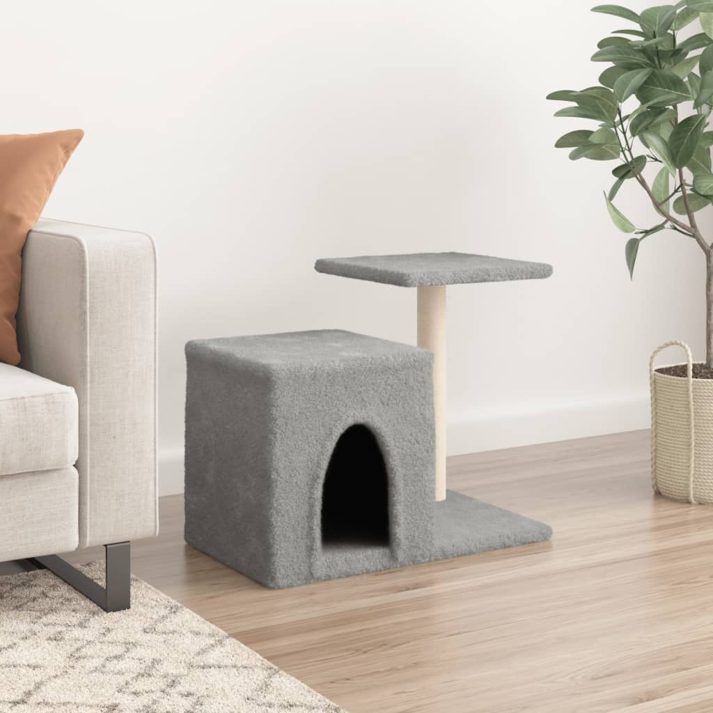 Cat house with sisal rope and scratching post, light grey, 50.5 cm