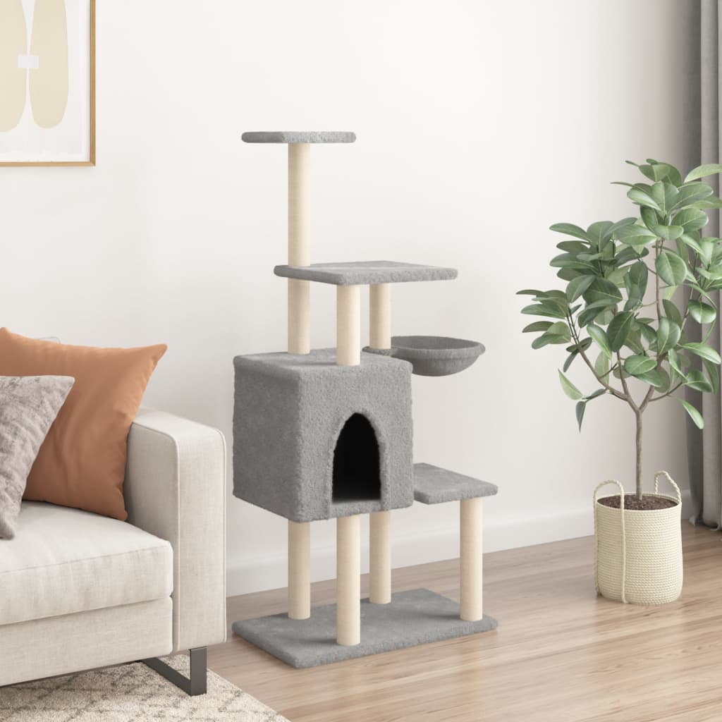 Cat house with sisal rope and scratching post, light grey, 131 cm