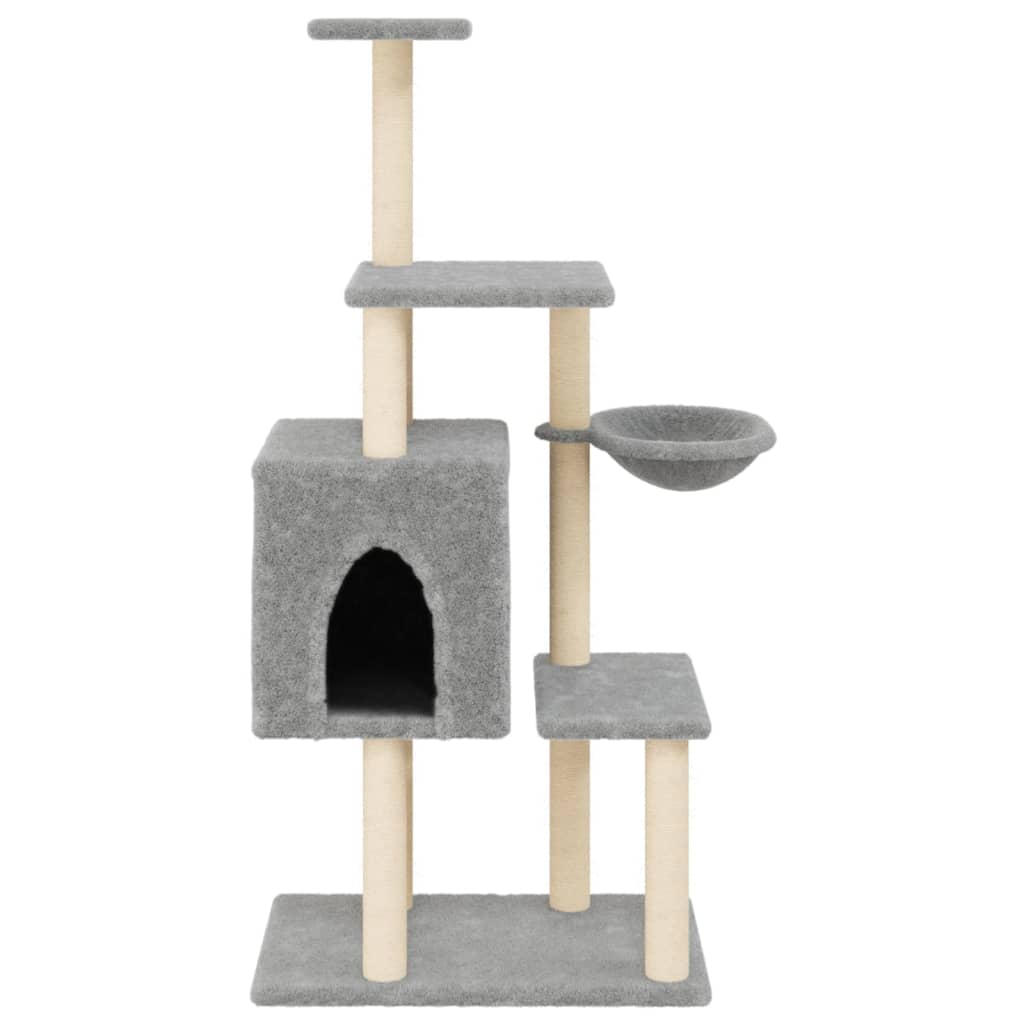 Cat house with sisal rope and scratching post, light grey, 131 cm