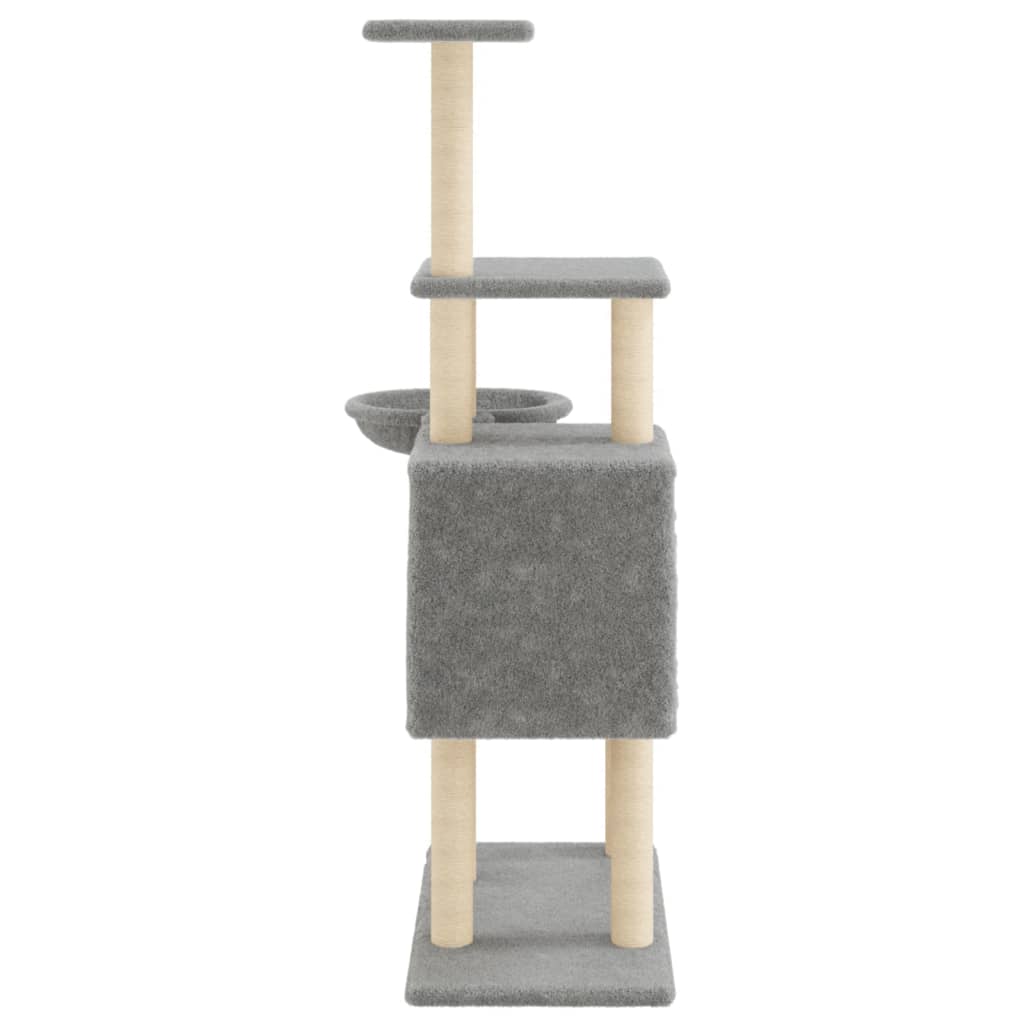 Cat house with sisal rope and scratching post, light grey, 131 cm