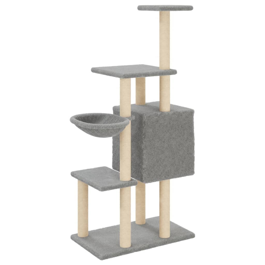 Cat house with sisal rope and scratching post, light grey, 131 cm