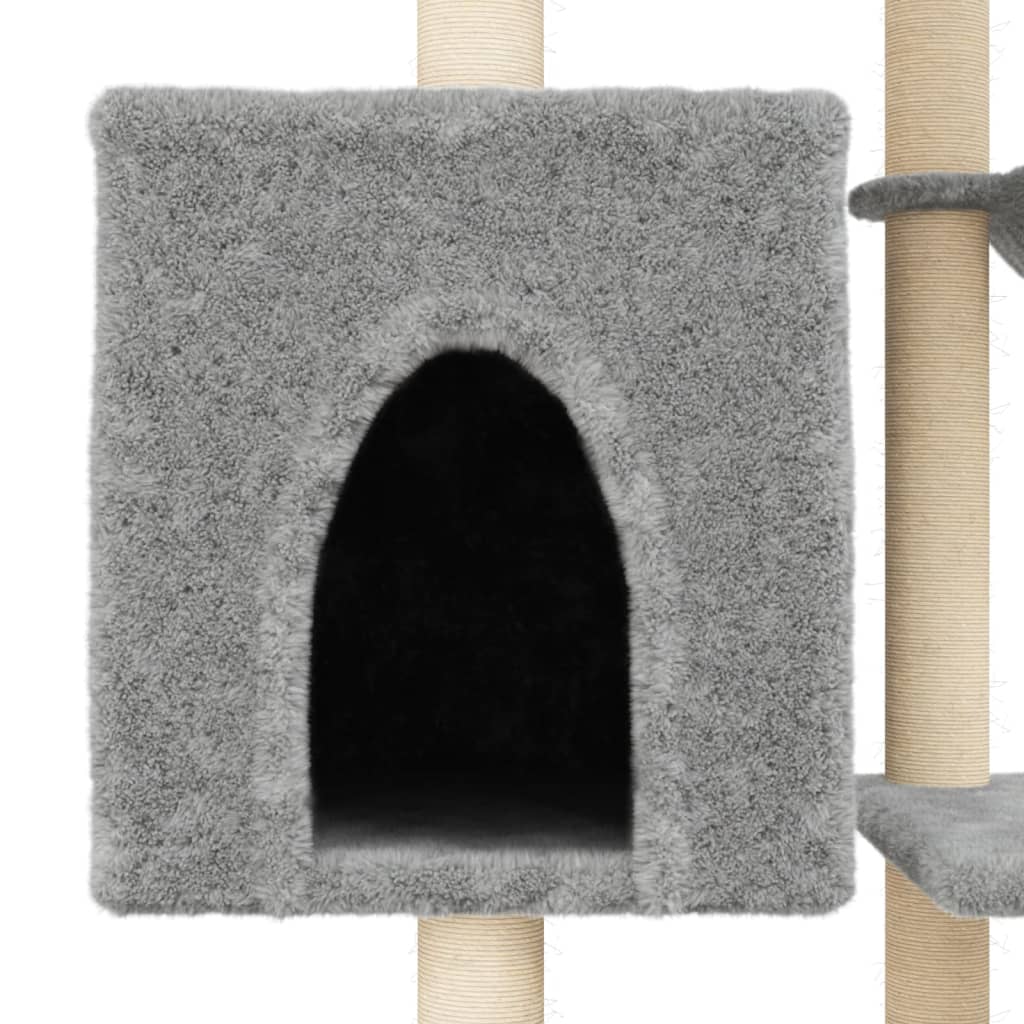 Cat house with sisal rope and scratching post, light grey, 131 cm