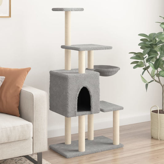 Cat house with sisal rope and scratching post, light grey, 131 cm