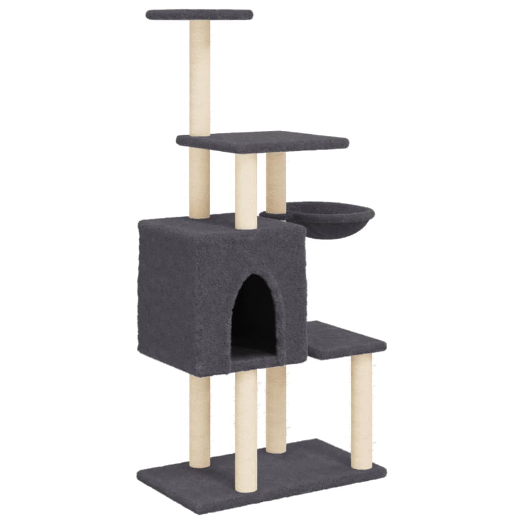 Cat house with sisal rope and scratching post, dark grey, 131 cm