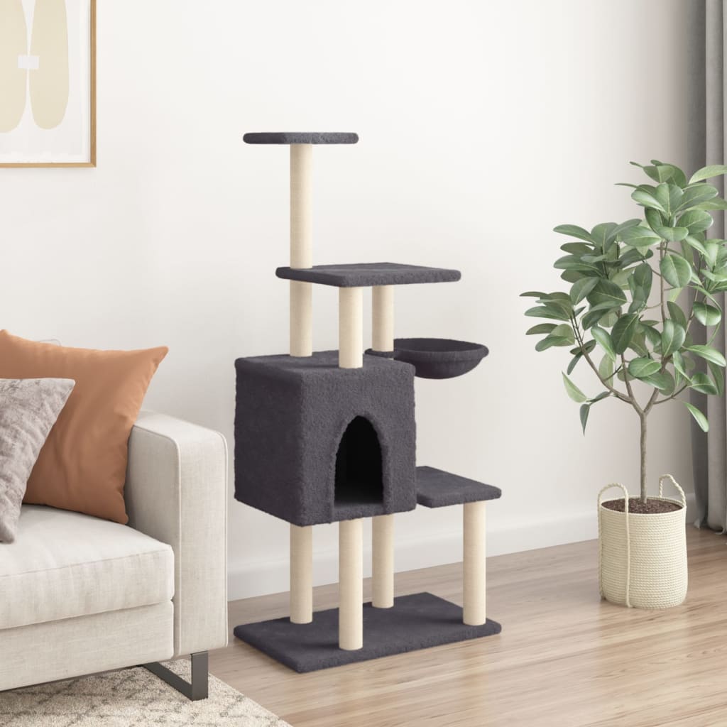 Cat house with sisal rope and scratching post, dark grey, 131 cm