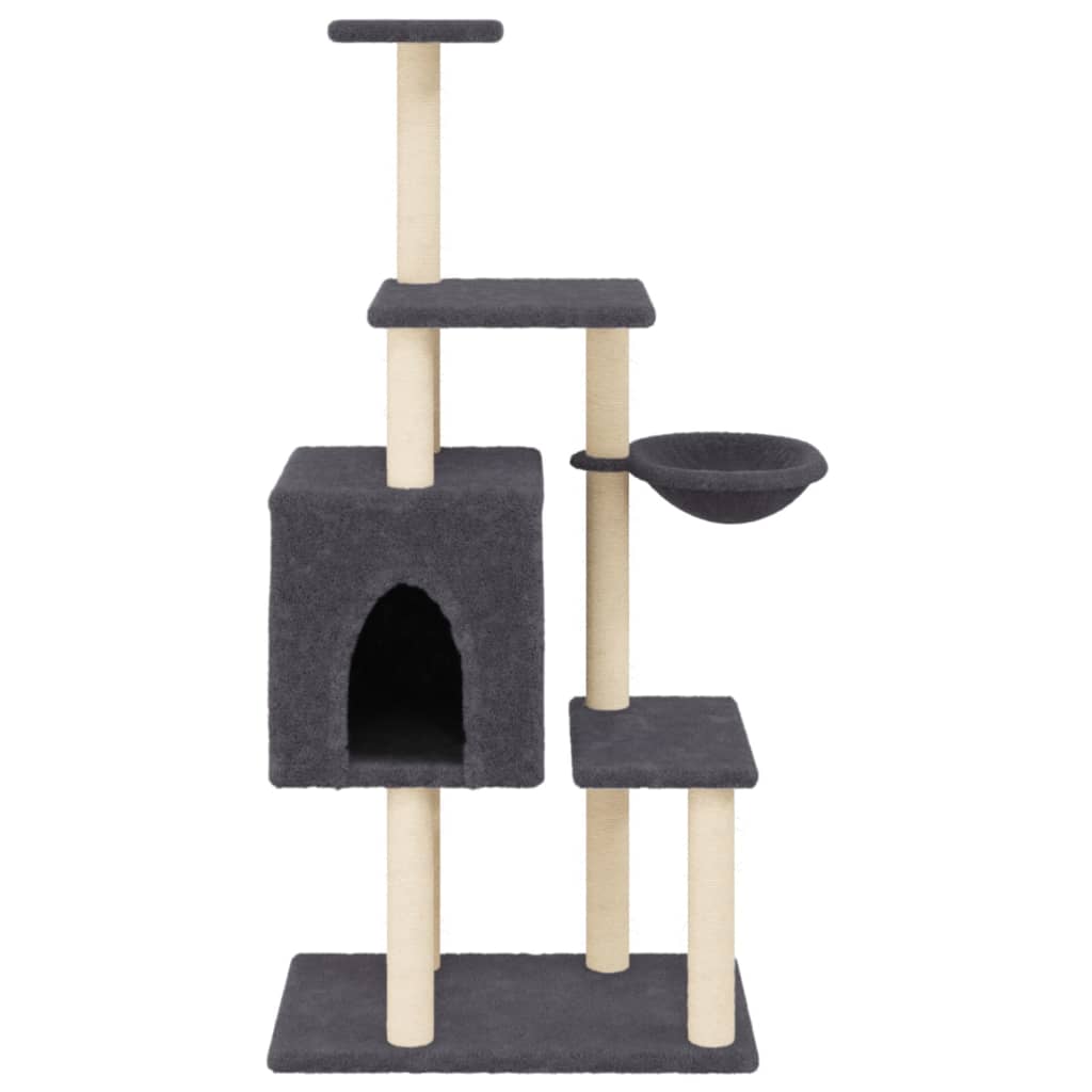 Cat house with sisal rope and scratching post, dark grey, 131 cm