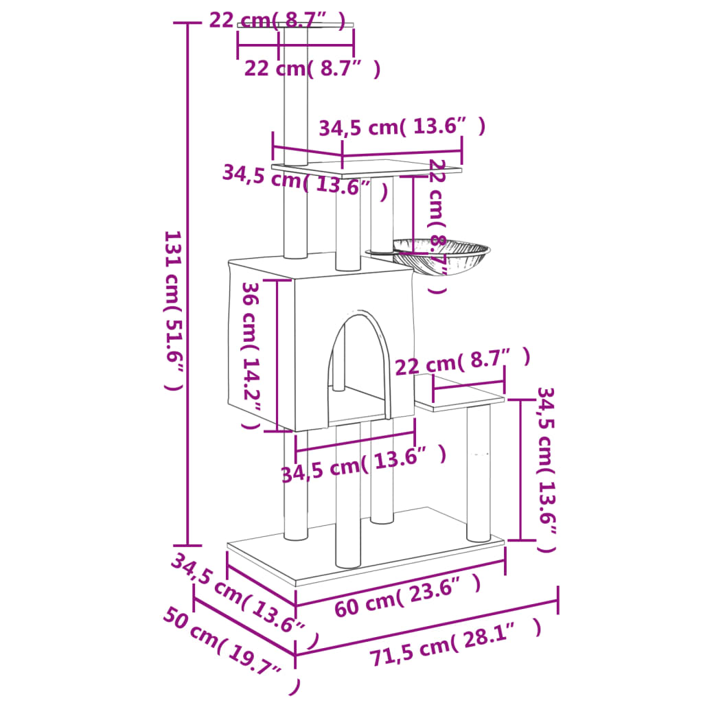 kassimaja sisalköitega kraapimispuudega, tumehall, 131 cm