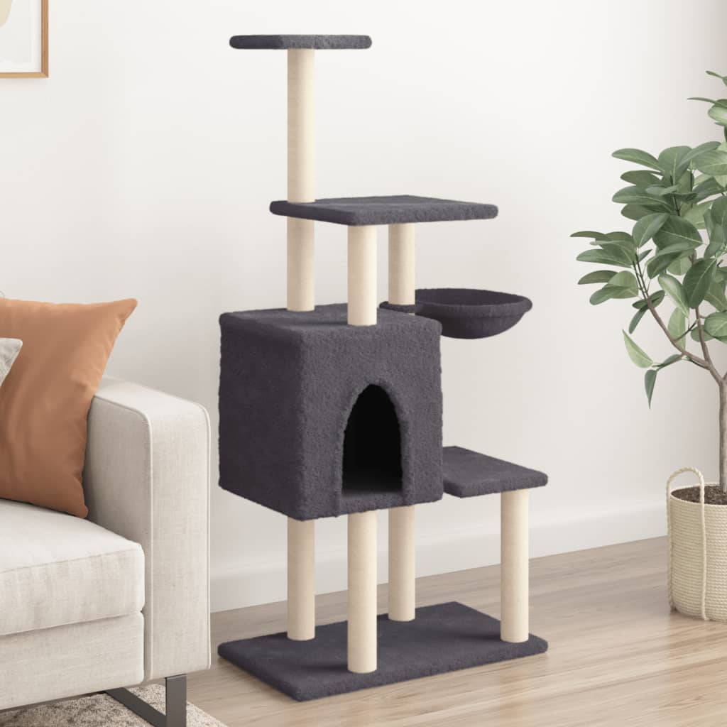 Cat house with sisal rope and scratching post, dark grey, 131 cm