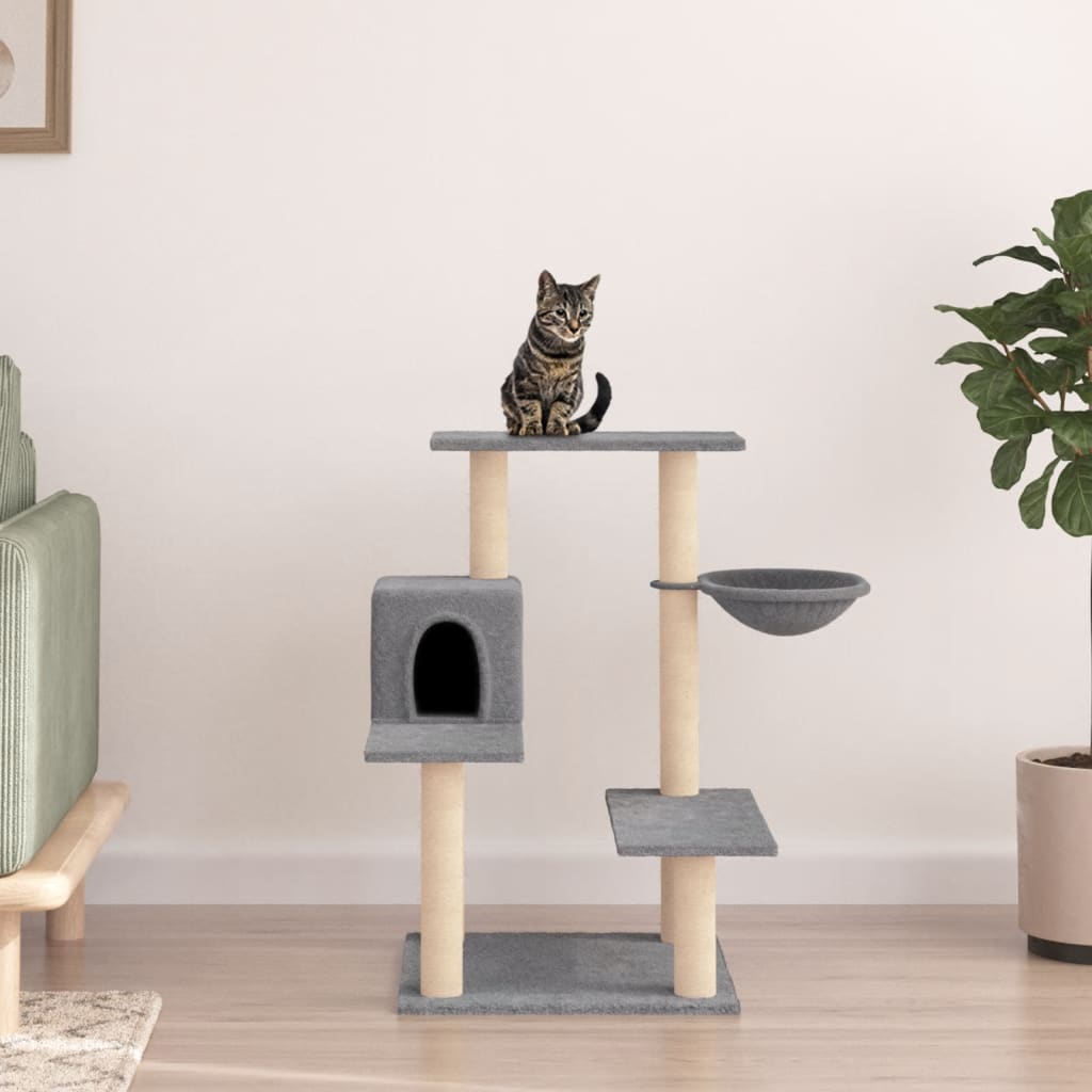 Cat house with sisal rope scratching posts, light grey, 82.5 cm