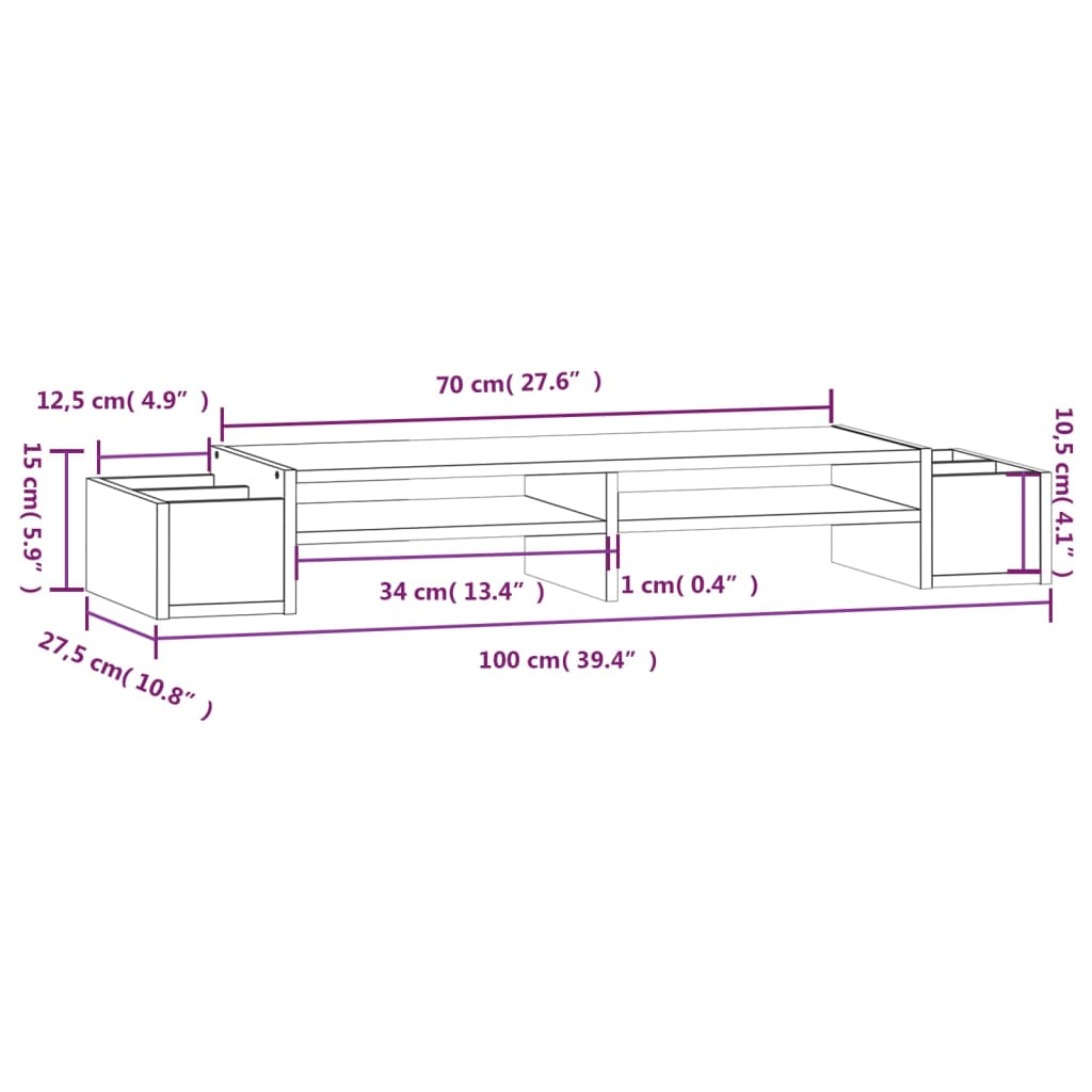 monitor stand, gray, 100 x 27.5 x 15 cm, pine wood