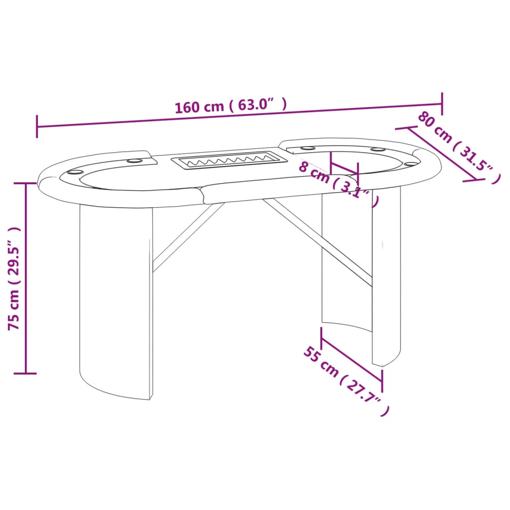 poker table with chip tray for 10 players, green, 160x80x75 cm