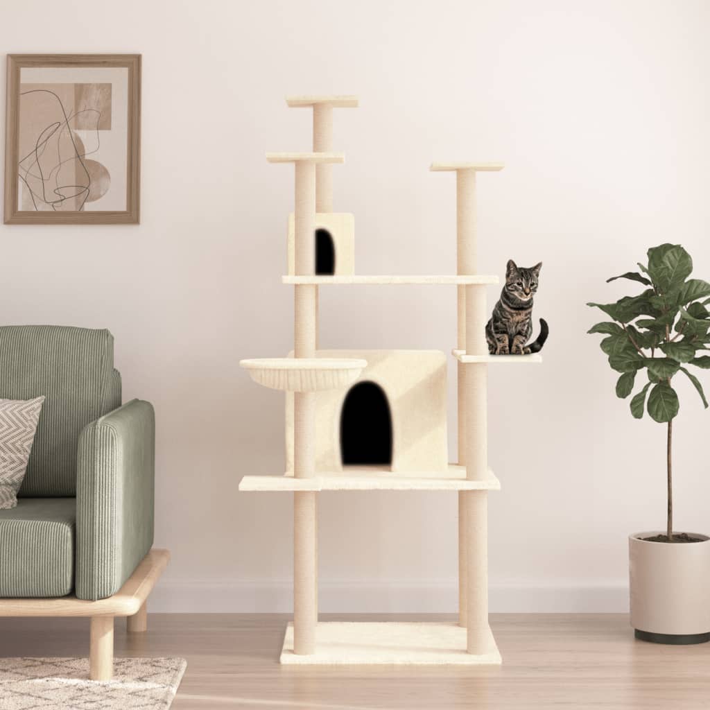 Cat house with sisal rope and scratching post, cream, 166 cm