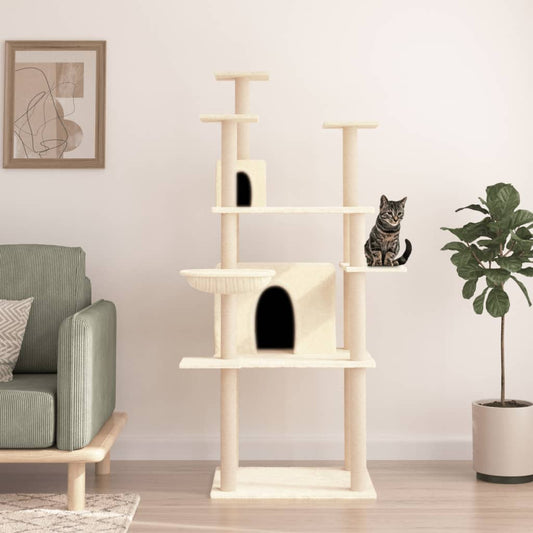 Cat house with sisal rope and scratching post, cream, 166 cm