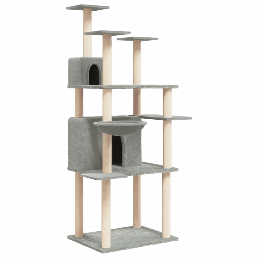 Cat house with sisal rope and scratching post, light grey, 166 cm