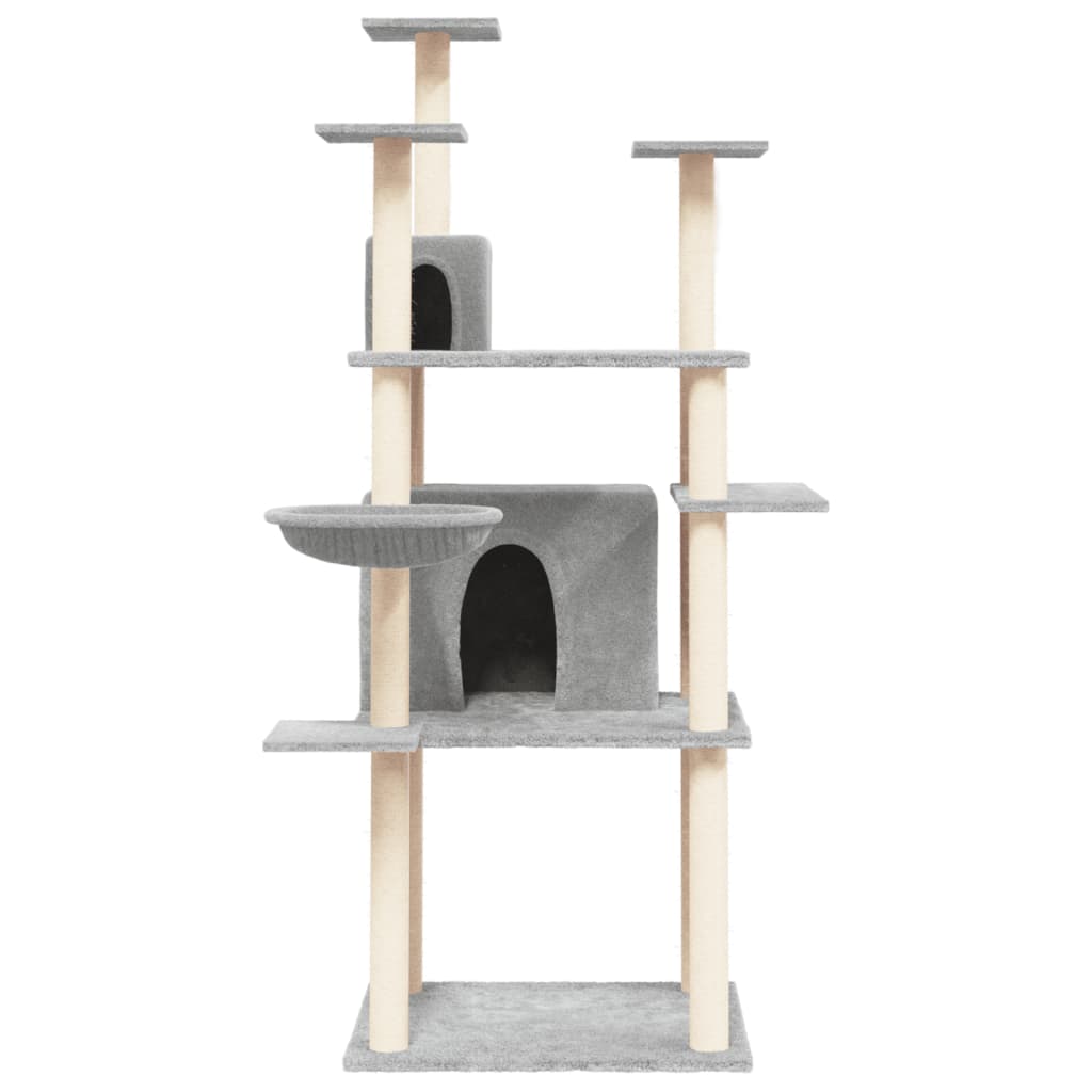 Cat house with sisal rope and scratching post, light grey, 166 cm