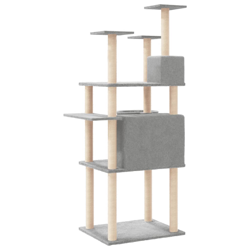 Cat house with sisal rope and scratching post, light grey, 166 cm