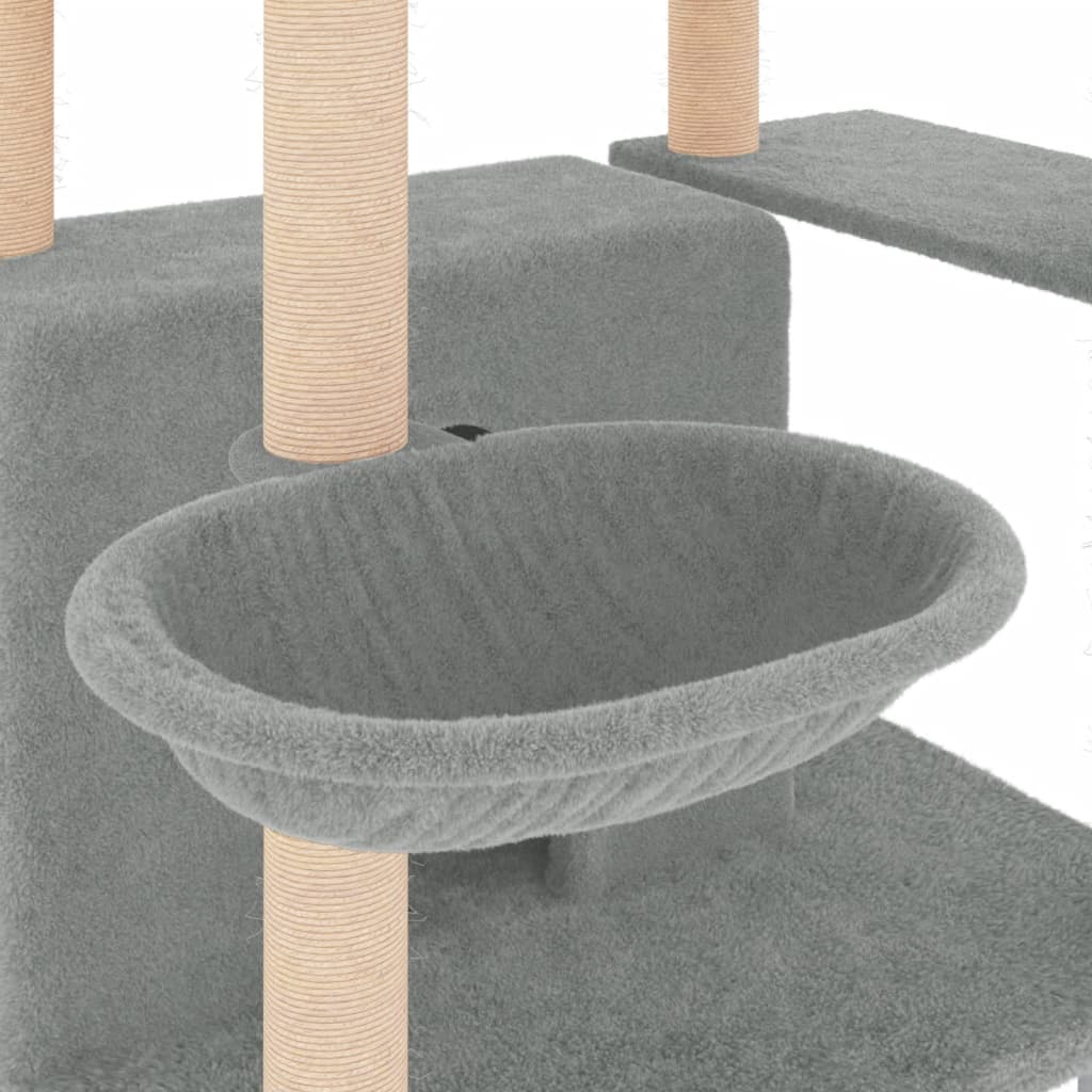 Cat house with sisal rope and scratching post, light grey, 166 cm