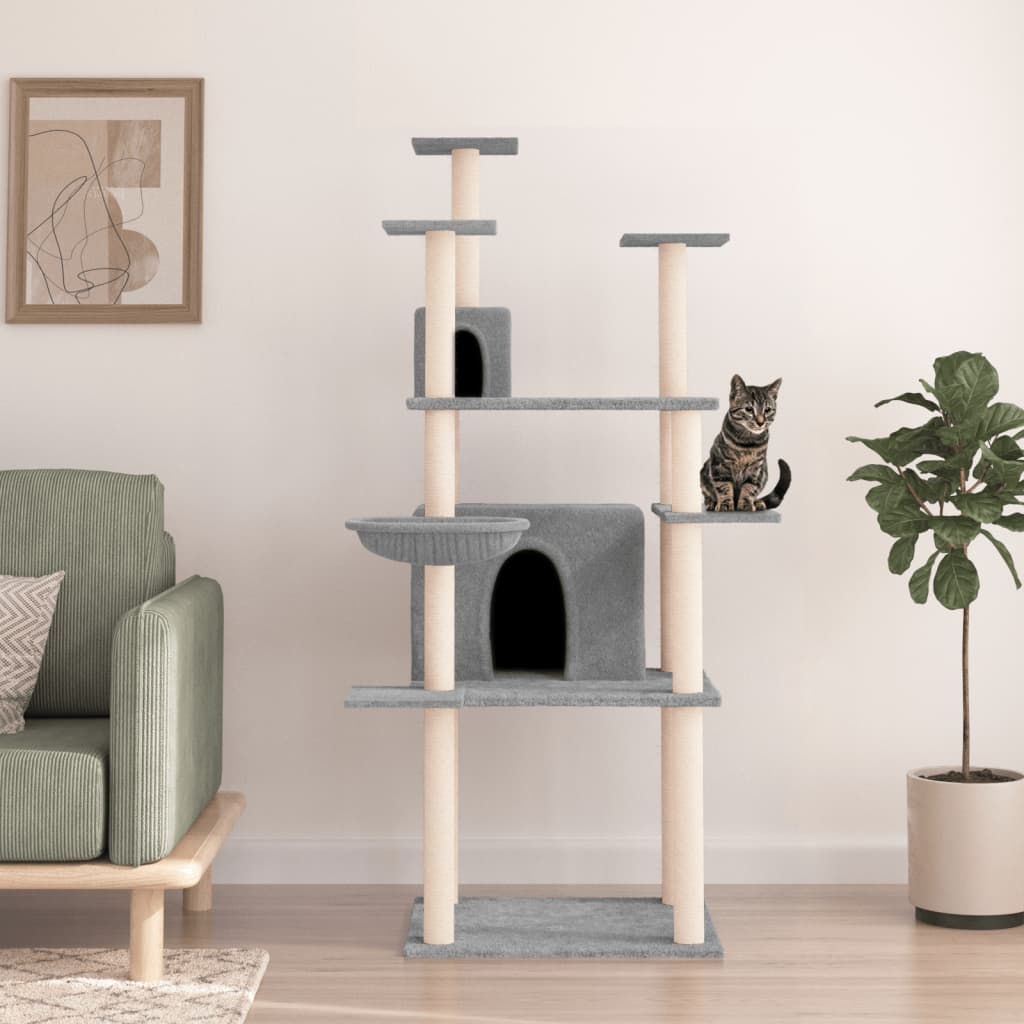 Cat house with sisal rope and scratching post, light grey, 166 cm