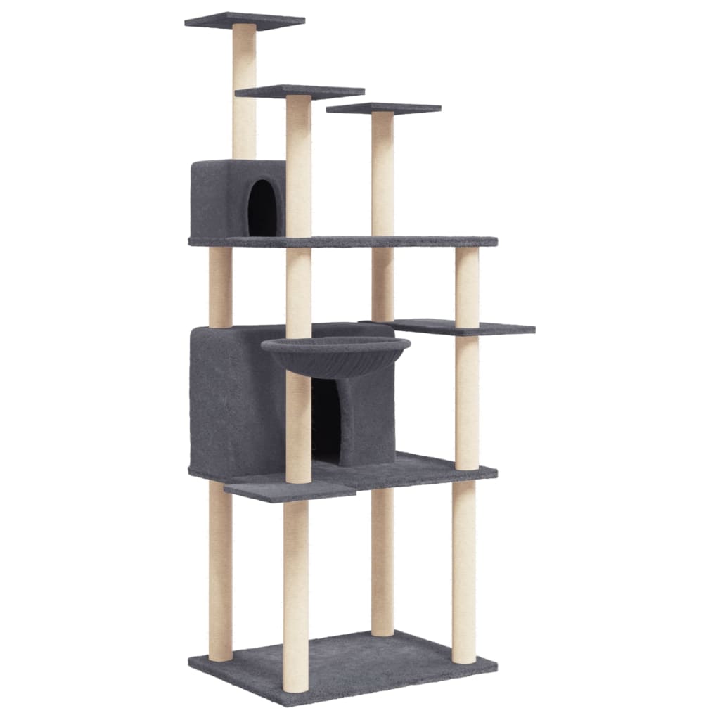 Cat house with sisal rope and scratching post, dark grey, 166 cm