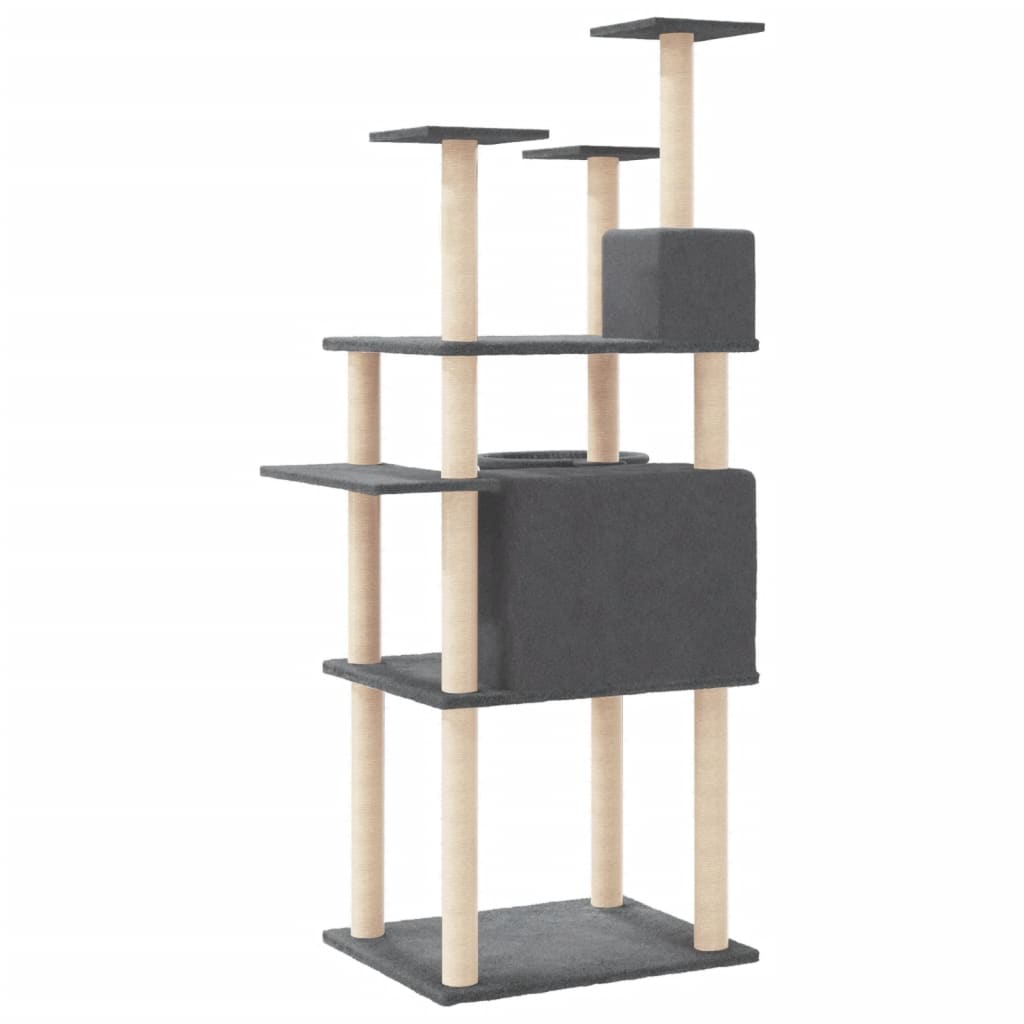 Cat house with sisal rope and scratching post, dark grey, 166 cm