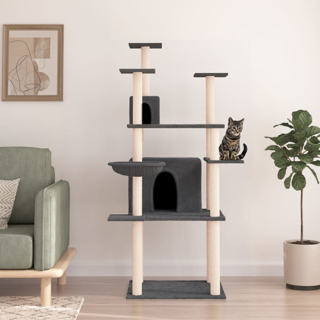 Cat house with sisal rope and scratching post, dark grey, 166 cm