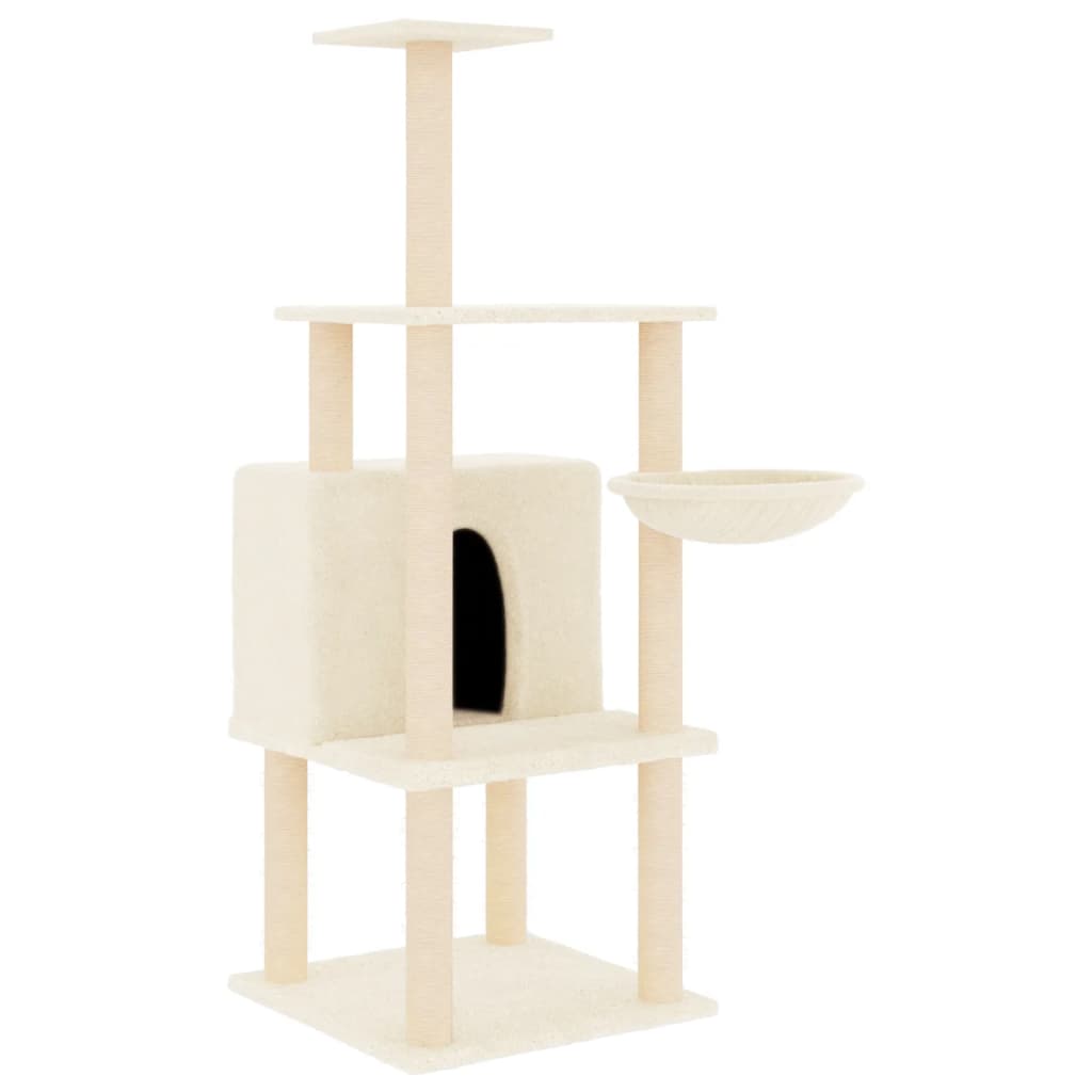 Cat house with sisal rope scratching posts, cream, 132 cm